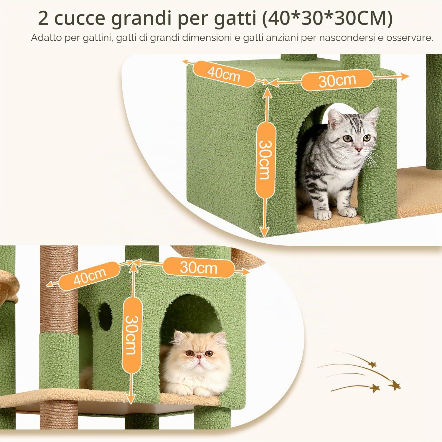 Globlazer Albero Tiragraffi per Gatti XXL 194 cm con 2 Grande Grotte, Immenso Amaca 50 * 40CM, Piattaforma Imbottiti, 2 Cestini, Trespoli, Enorme Cactus Tiragraffi per 3-5 Gatti Adulti (S76B, Verde)