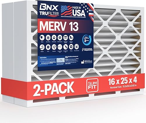 BNX MERV 13 - Filtro de aire plisado electrostático, 16 x 25 x 4 pulgadas (2 pzas), fabricado en EE. UU., filtros de aire HVAC para alergias, polen,