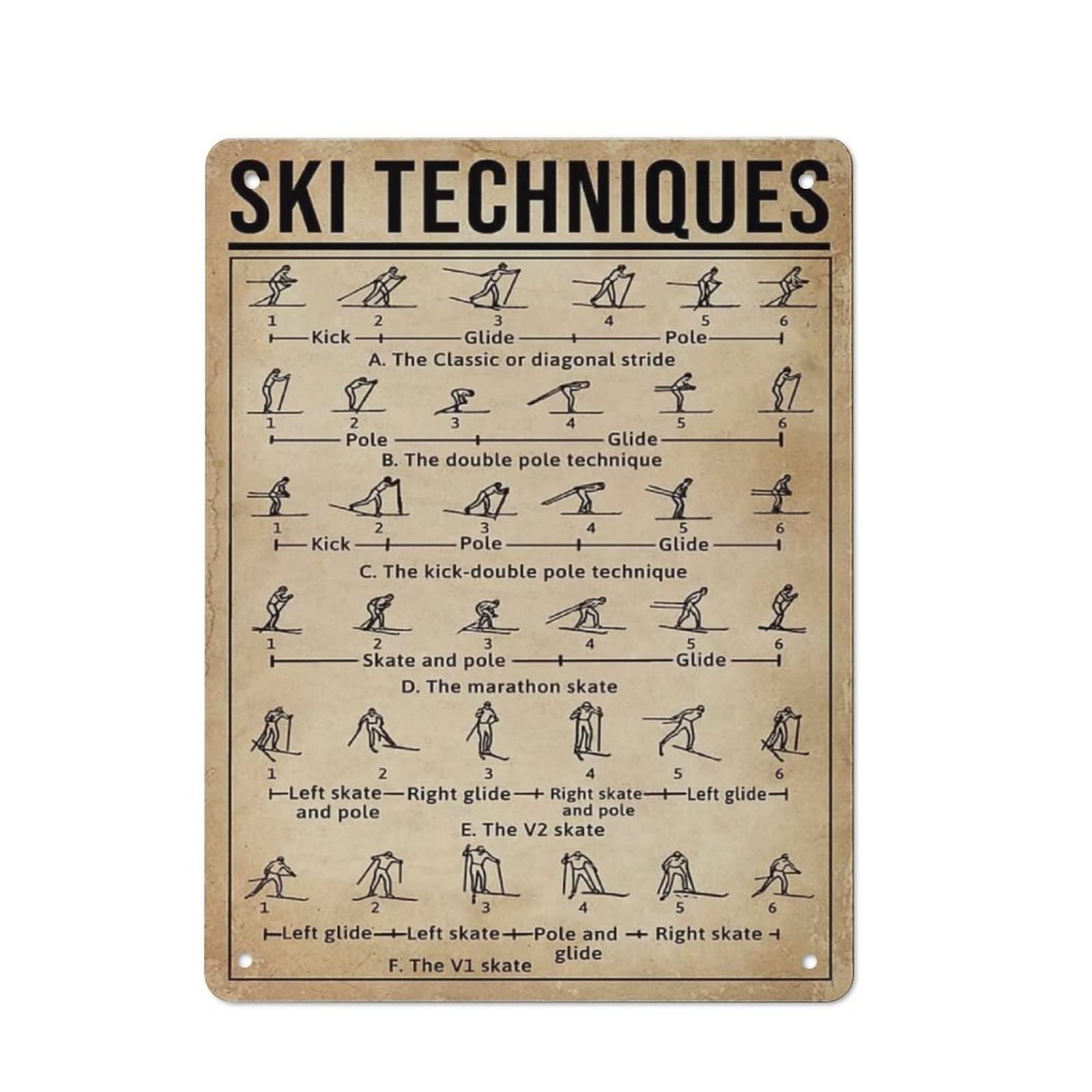 AOOEDM Ski Techniques Wall Metal Tin Sign for Home Bar Pub Kitchen Wall Art Deocr Man Cave Vintage Metal Sign Poster Plaque Signs Quotes Sign