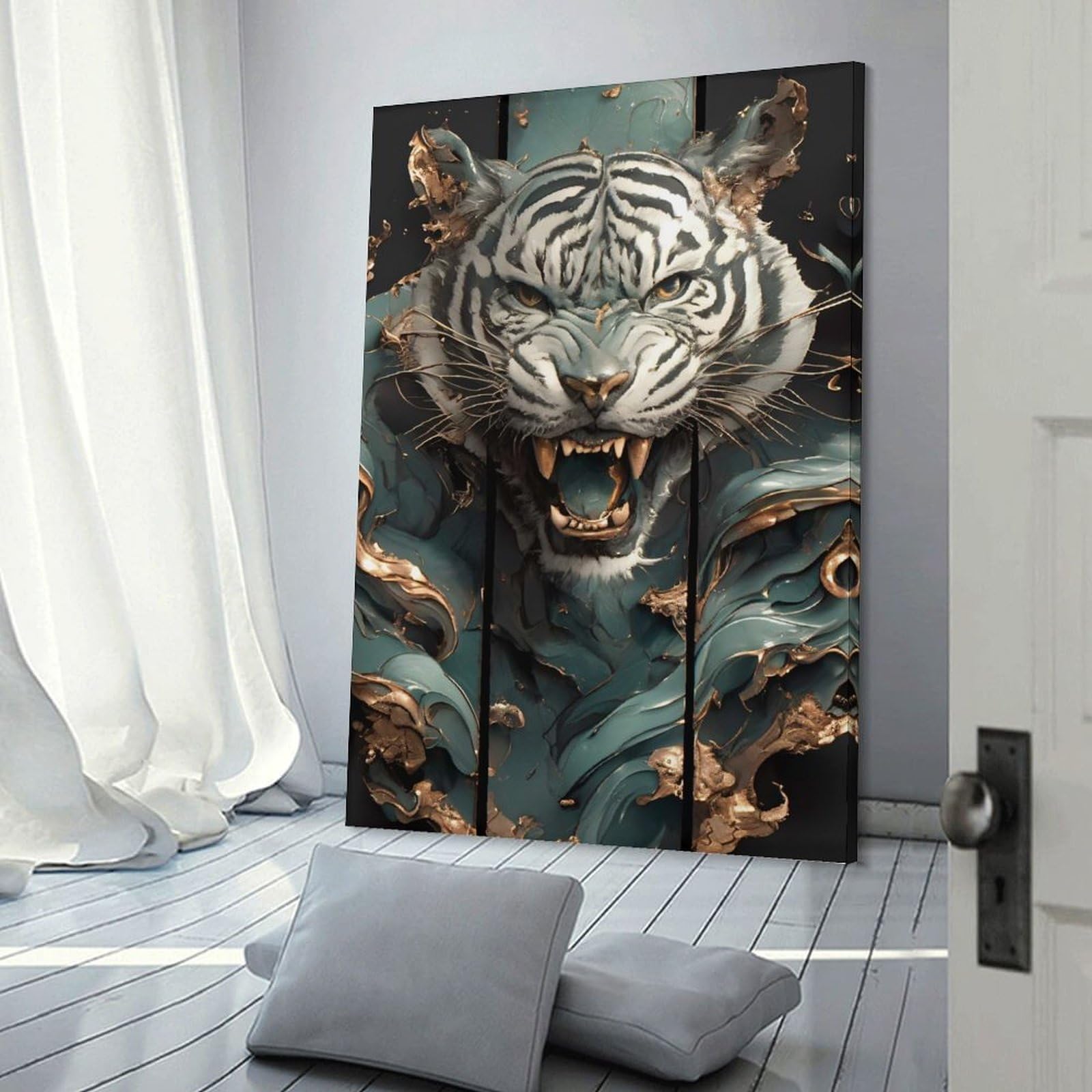 Junmoney Wall Picture Print Roaring Tiger Teal And Gold Art, 20x30inch(50x75cm), for Living Room, Bedroom Or Home Office, Thoughtful Wall Decor for Art Lovers