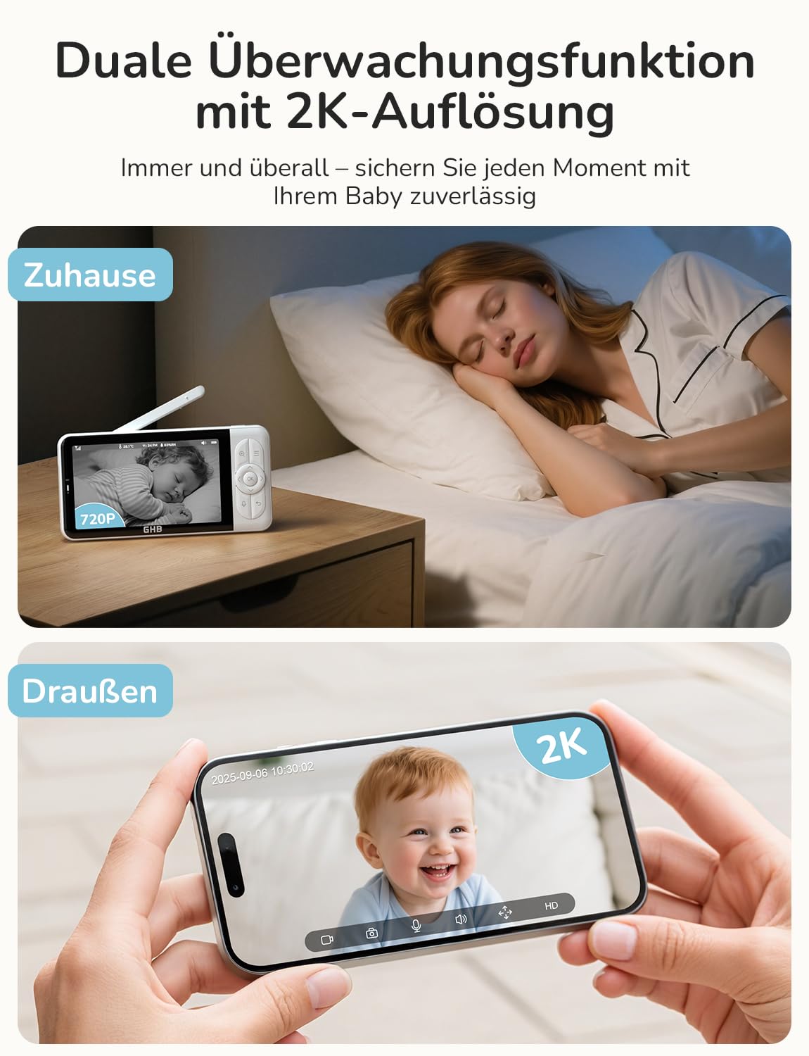 GHB Babyphone mit Kamera App WiFi 2K IPS 5 Zoll WLAN Babyphone PTZ 350°/65° VOX Bewegungs-/Geräusch-/Weinerkennung Nachtsicht 4 Zoom Nachtsich