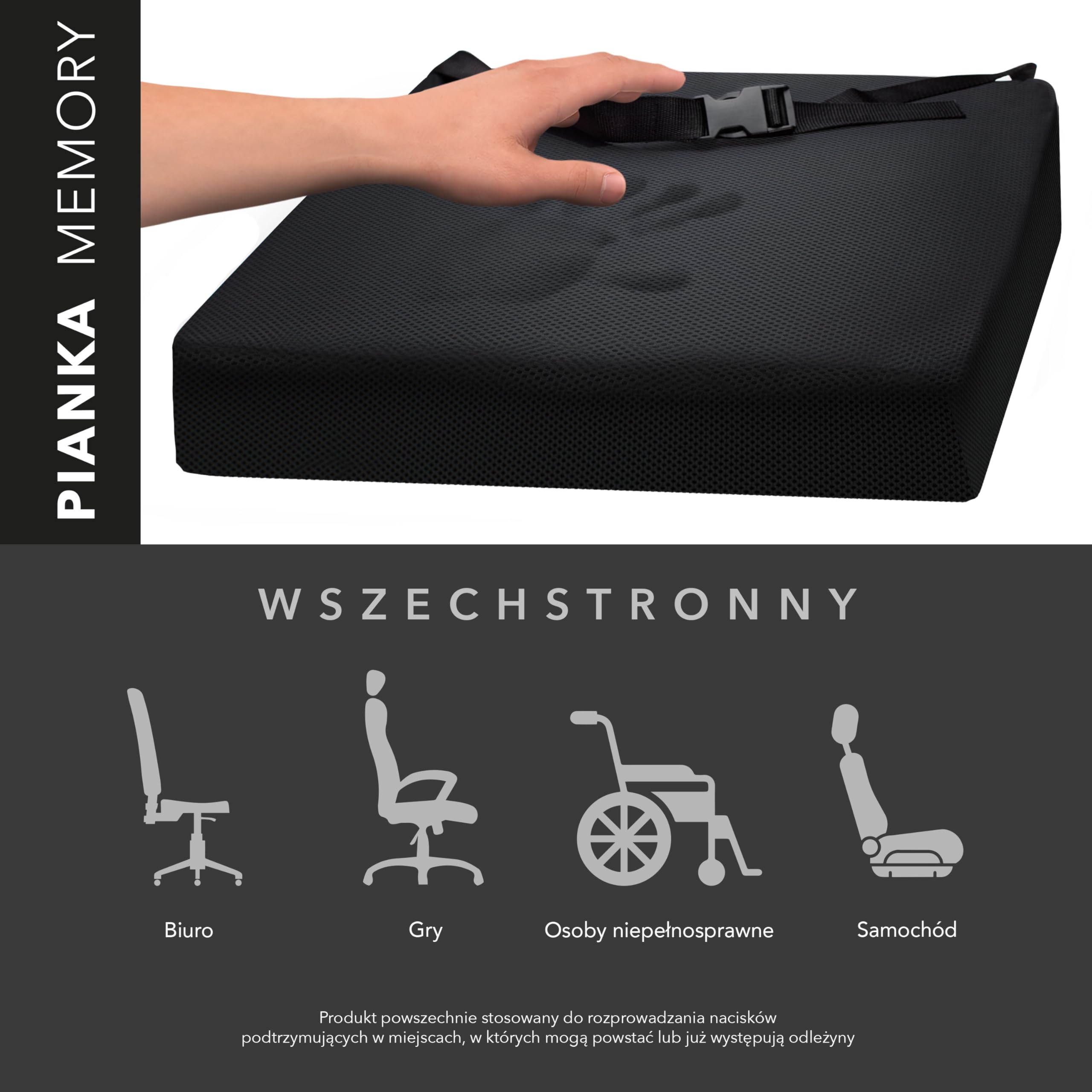 AIESI® Poduszka Przeciwodleżynowy do wózków inwalidzkich i siedzisk (cm 44x44x8h) z pianki poliuretanowej z wkładką żelową wiskoelastyczną i paskiem mocującym, Certyfikat CE, 24-miesięczna gwarancja