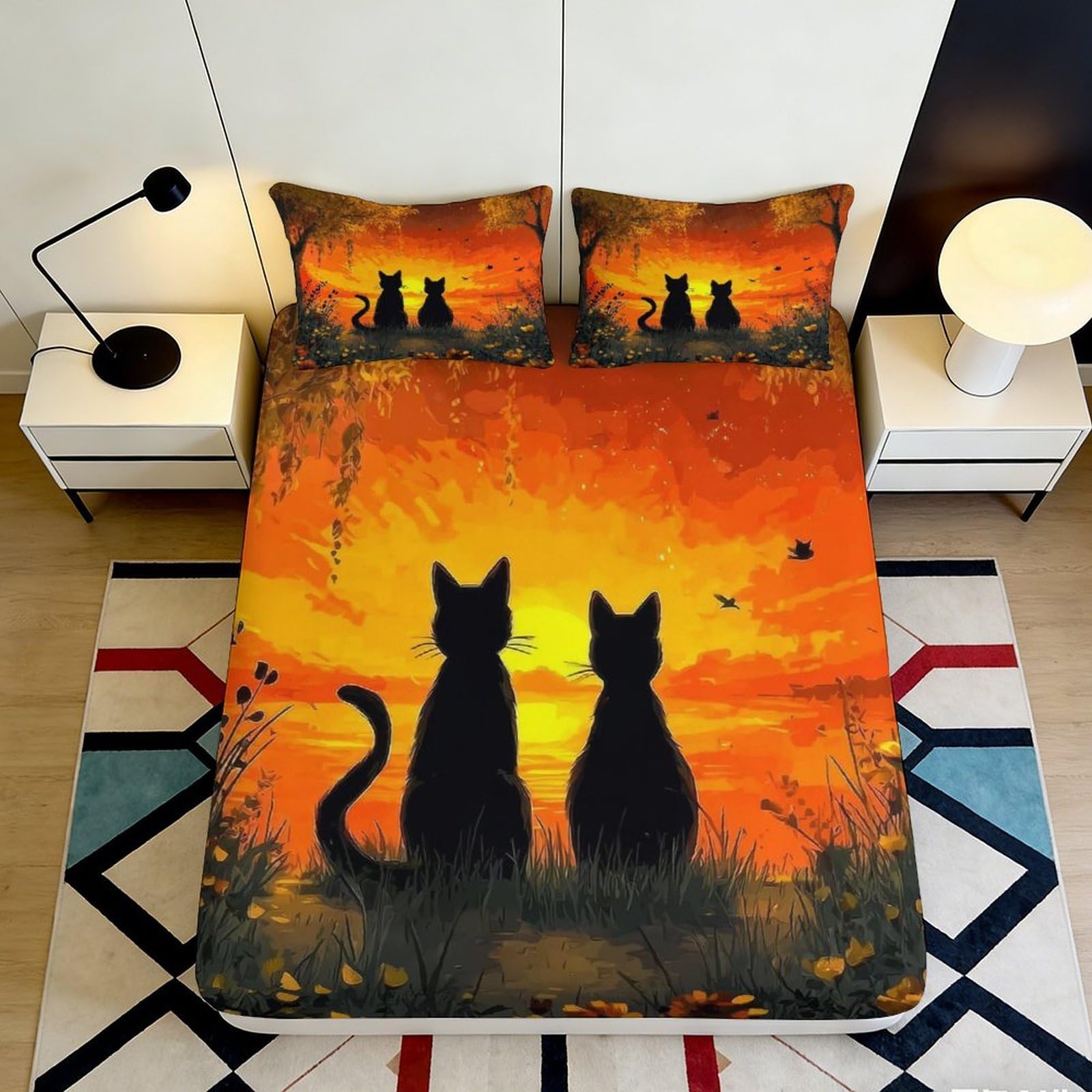 3D Printed Sunset Cat Silhouette Fitted Sheet Microfiber Orange Black Nature Art Mattress Cover Bedroom Decor 180x200x25cm