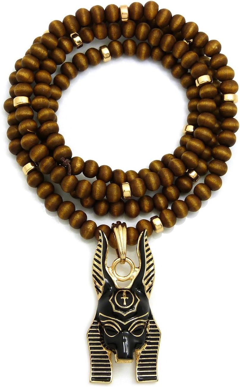 Fashion 21 Egypt God Anubis Head Pendant 6mm 30" Wooden Bead Necklace in Gold, Silver Tone
