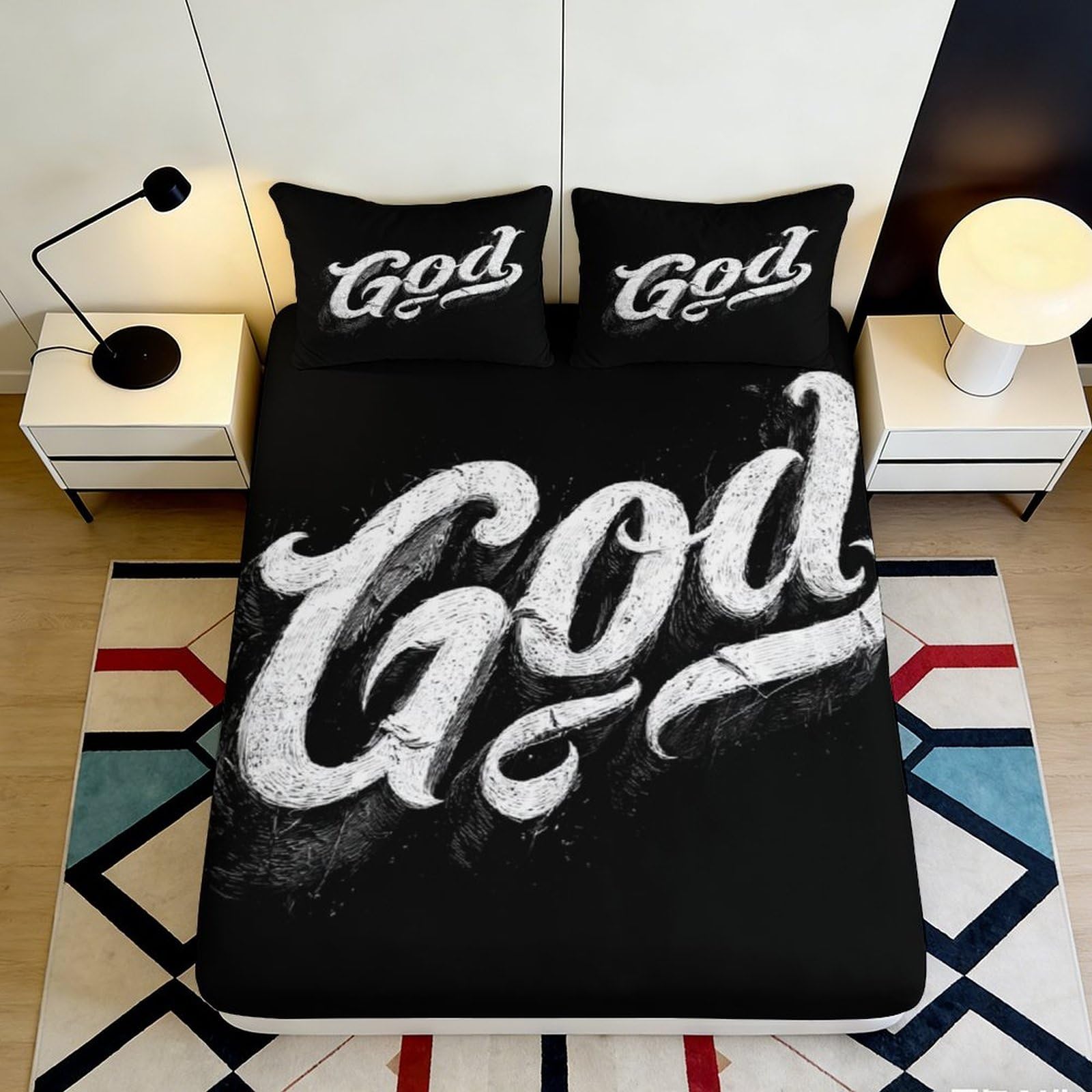 3D Printed Typography God Fitted Sheet Microfiber Black Artistic Bed Sheet Bedroom Dorm Mattress Cover Decor 90x200x25cm