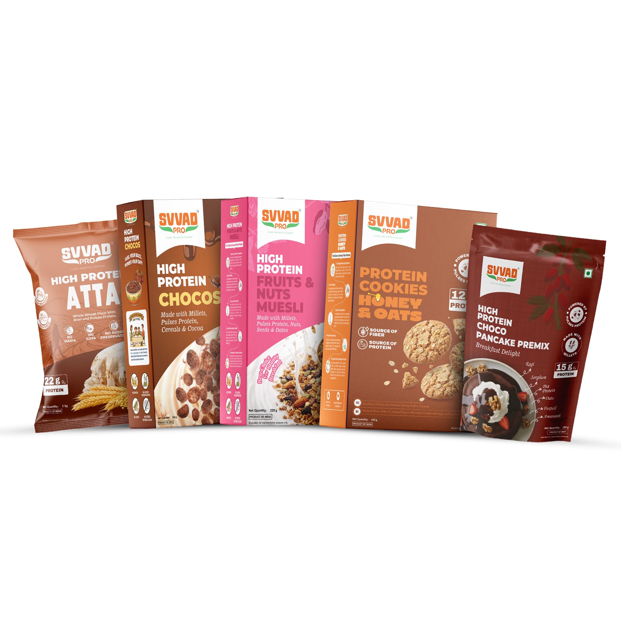SVVAD PRO High Protein Combo Pack, Atta, Chocos, Fruits & Nuts Muesli, Honey & Oats Cookies, Choco Pancake Premix-image-37