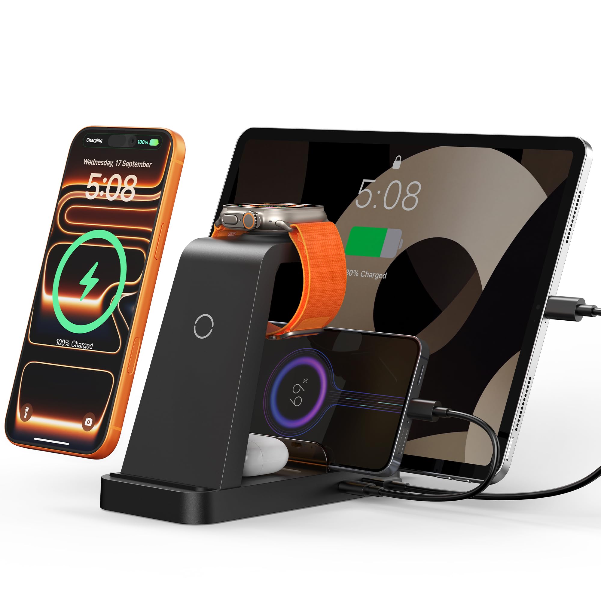 Wireless Charger for iPhone - 5 in 1 Charging Station for Multiple Devices Apple: Fast Wireless Charging Stand Dock for iPhone 17 16e 16 15 14 13 12 Pro Max Apple Watch Airpods