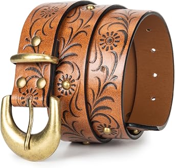 Western-Cowboy-Belt for Women - PU-Leather Embossed Floral Adjustable Waist Belt for Jeansfor 28-38