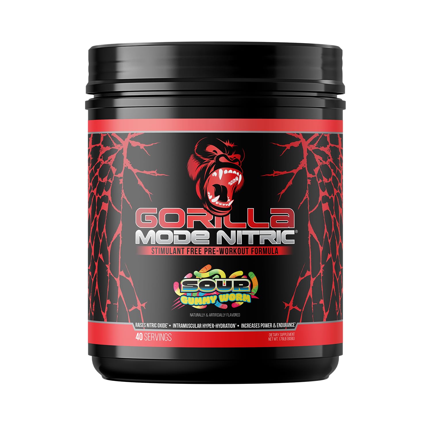 Gorilla Mode Nitric Upgraded Stimulant Free Pre-Workout – Best Tasting and Most Effective Stimulant Free Pre-Workout/Massive Pumps · Vasodilation · Power / 808 Grams (Sour Gummy Worms)
