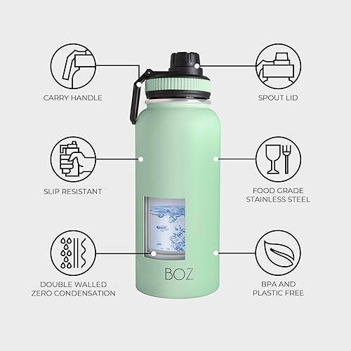 Miniatura 4 de BOZ Botella de agua de acero inoxidable  Botella de agua aislada al vacío de 32 onzas  Botella de agua deportiva sin BPA de boca ancha para gimnasio