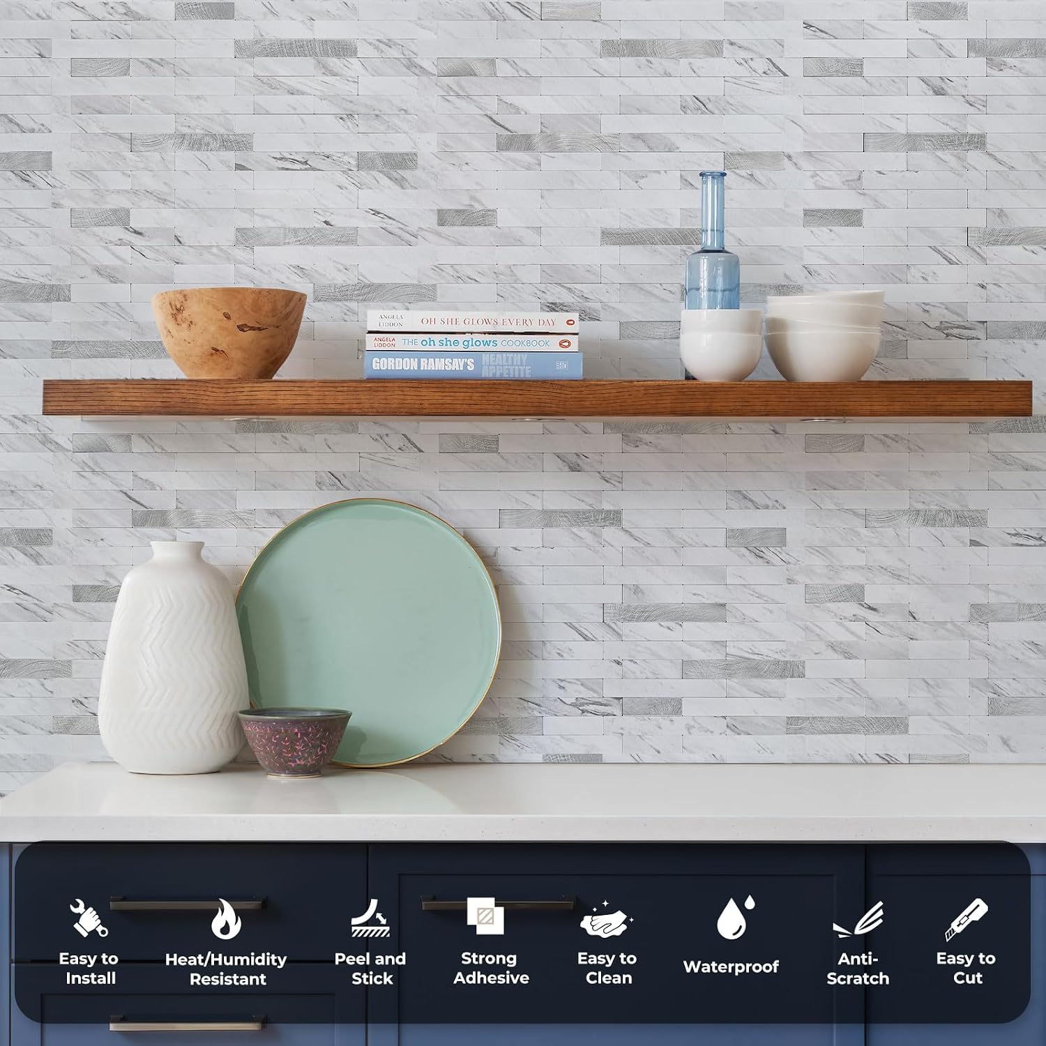 STICKGOO Peel and Stick Backsplash Tile, Stick on Backsplash for Kitchen and Bathroom, Volakas White Look PVC Mixed Metal Silver Self Adhesive Wall Tiles(10 Sheets)