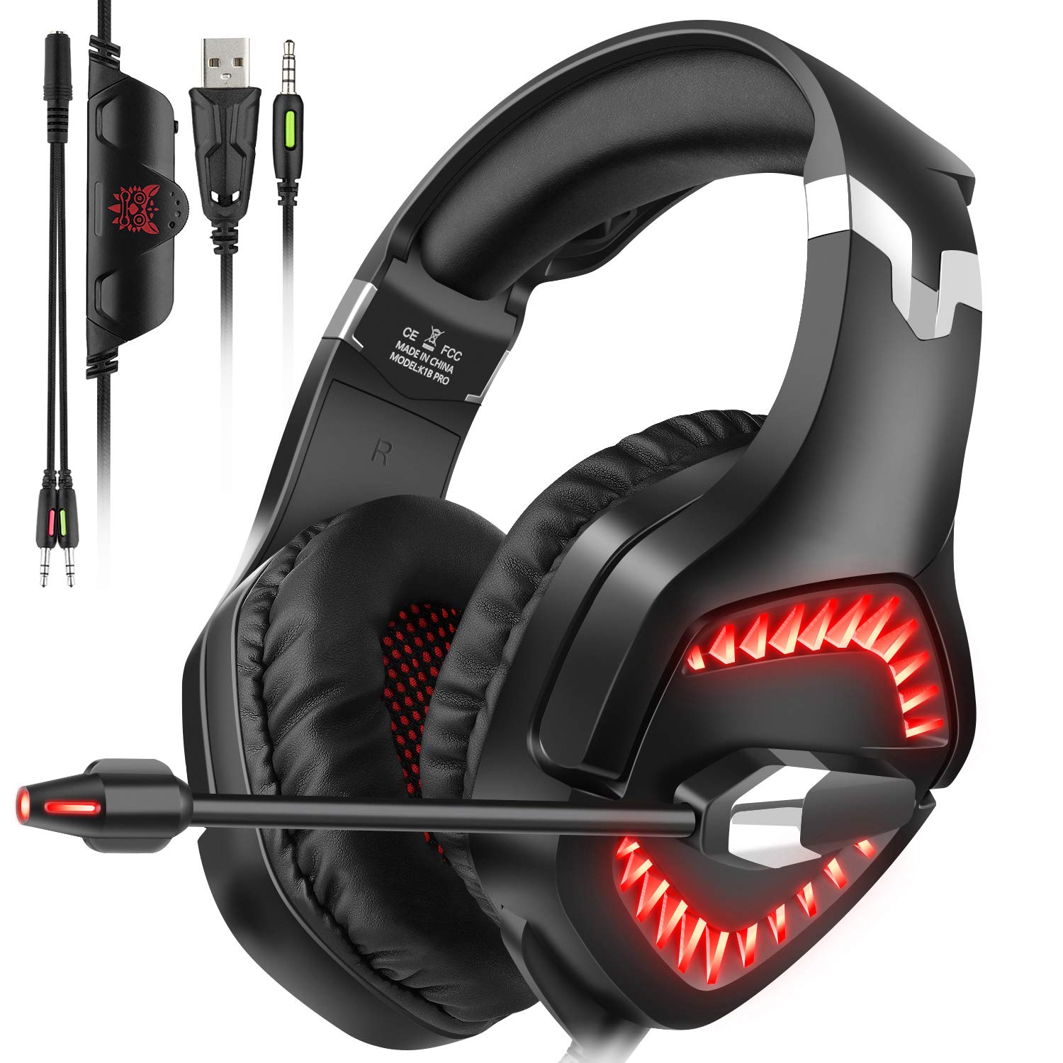 ONIKUMA Gaming Headset for PS4 Xbox One PC, Noise Cancelling Over-Ear Headphones With Mic 3.5mm Jack Volume Control LED Light for Laptop Tablet Mac Smart Phone(Red)