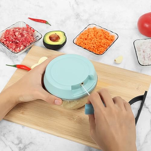 Miniatura 2 de Picadora de ajo Mini picadora manual de alimentos con contenedor de cocina, cebolla, cortador de verduras, picador de verduras, azul, 16.9 fl oz