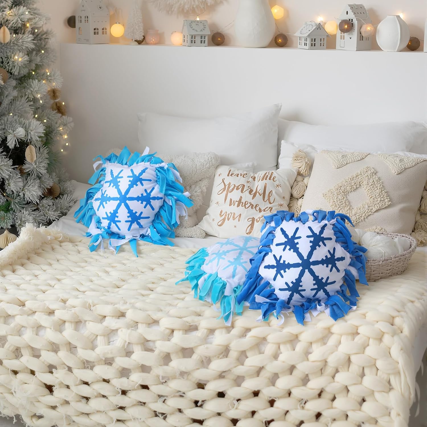 Deekin 6 Sets Winter Snowflake Fleece Tied Pillow Craft Kit 16 Inch Christmas Snowflake Printed Hexagon Pillow DIY Craft for Holiday Fun Home Activities Party Decoration
