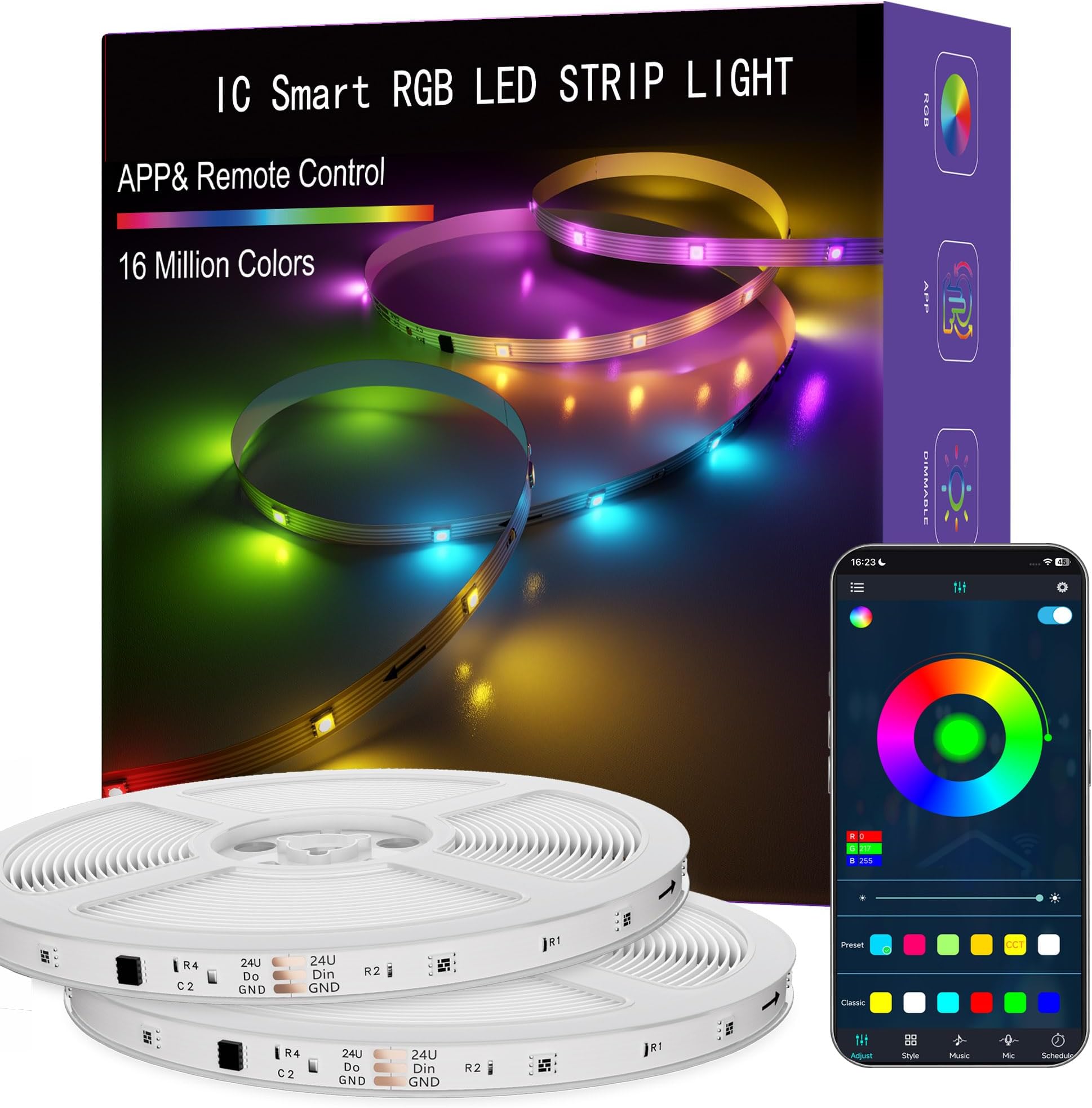 - IC Smart RGB LED Strip Lights, 100FT LED Lights for Bedroom, App Control/Remote Control, Music Sync, DIY Design, Rainbow Chasing Effects, Strip Lights for Home, Party Decor