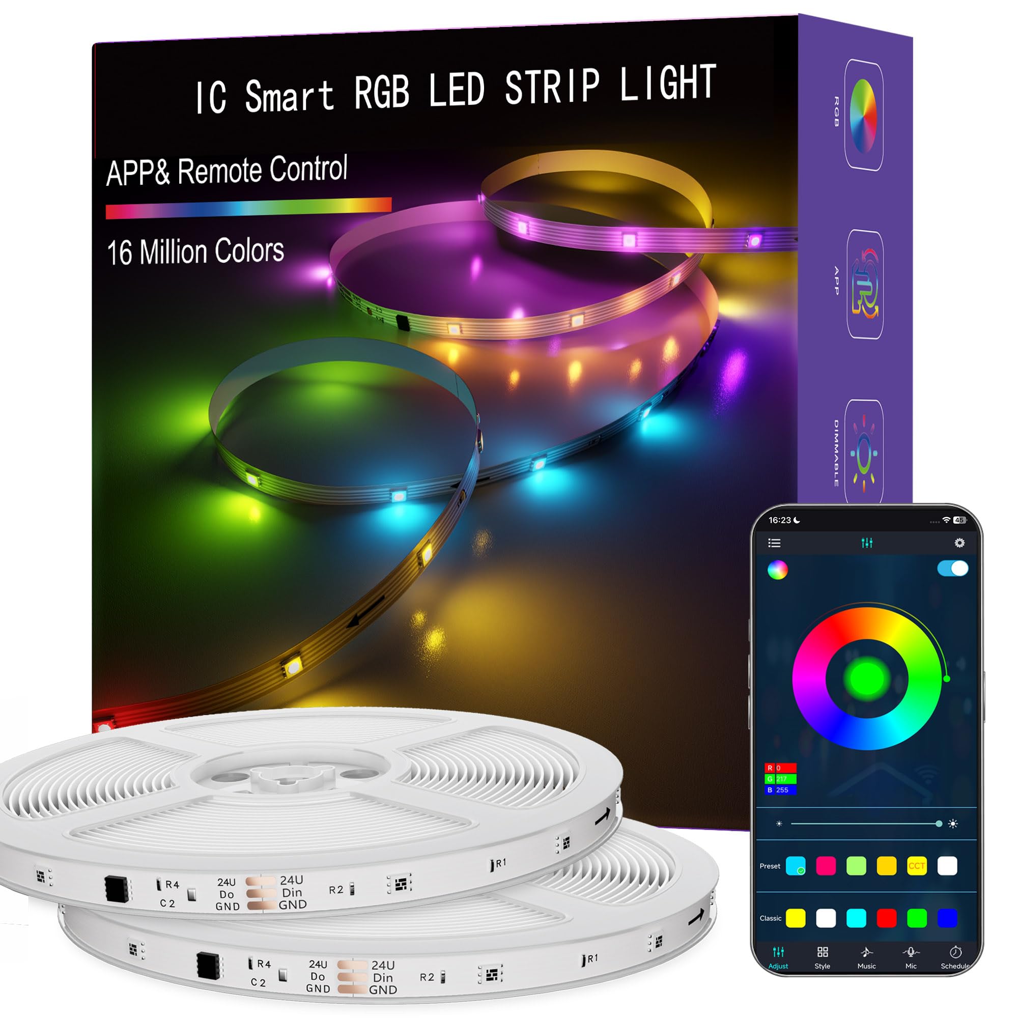 ERBTY IC Smart RGB LED Strip Lights, 100FT LED Lights for Bedroom, App Control/Remote Control, Music Sync, DIY Design, Rainbow Chasing Effects, Strip Lights for Home, Party Decor