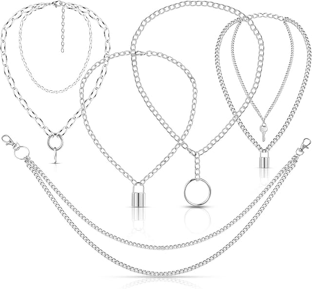 Hicarer 5 Pieces Punk Chain Choker Jeans Wallet Chain Lock Pendant Necklace Multilayer Chunky Choker for Women Men