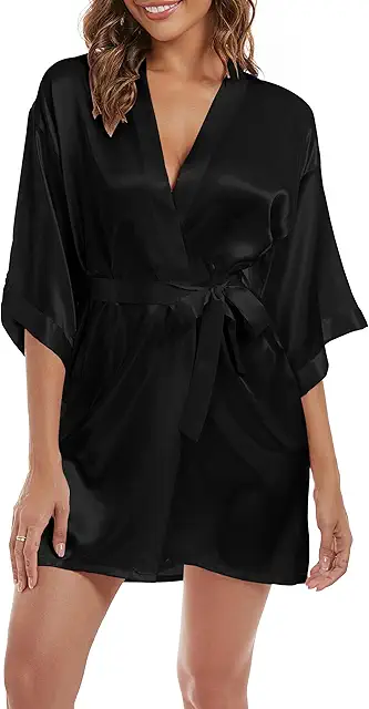 Women's Short Satin Kimono Robe - Lightweight Dressing Gown with Belt