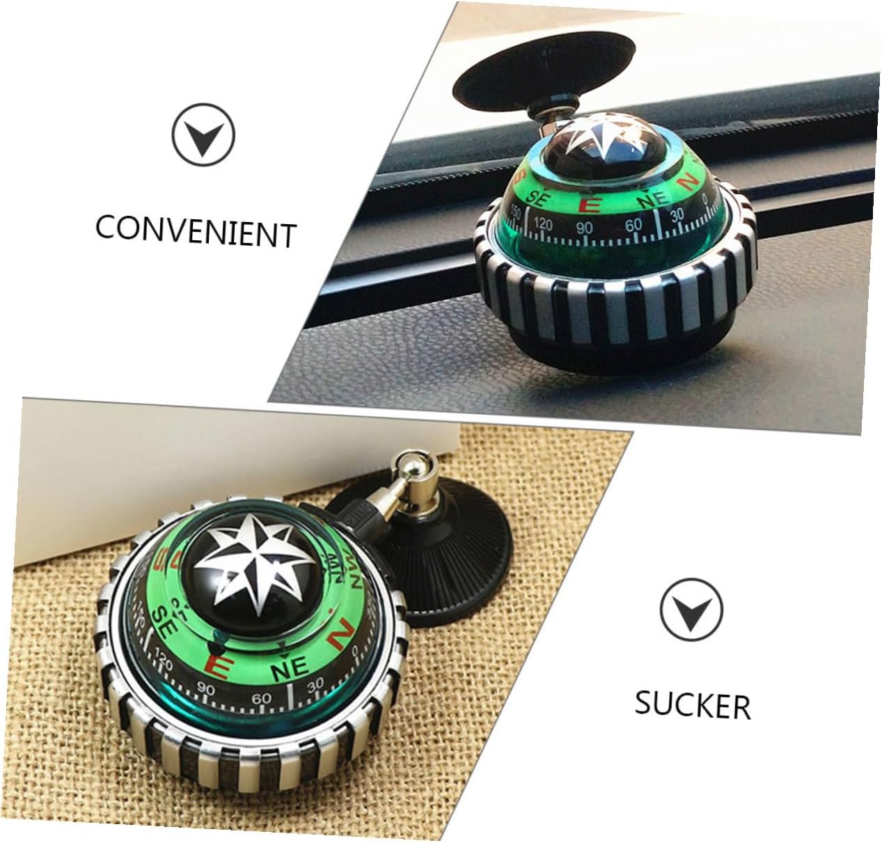 2pcs Automotive Dashboard Compass Ball with Strong Suction Cup Green Colorful Car Directional Aid for Truck Boat Outdoor Use Mount for Stable Orientation