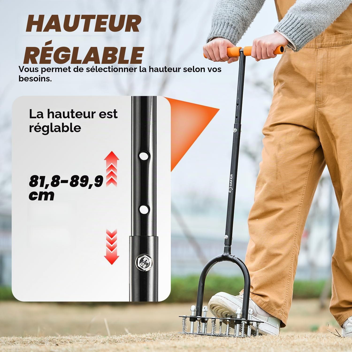 Saker Aérateur de pelouse avec 15 pointes en fer, nettoyage automatique des feuilles et de la saleté avec design à ressort, aérateur manuel en métal pour ameublir le sol, aérer la terrasse, la cour