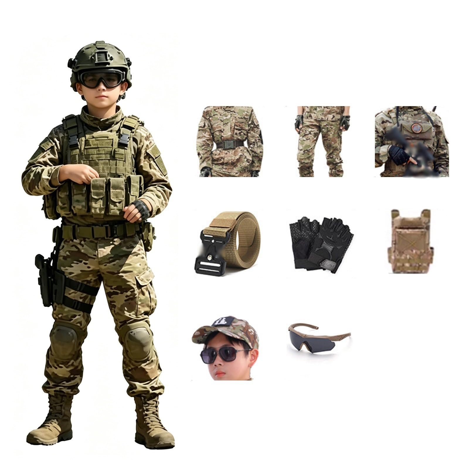 Kinder Militär Kostüm Set Soldat Armee Rollenspiel Outfit mit Zubehör, Halloween und Geburtstags Geschenk Verkleidungsset