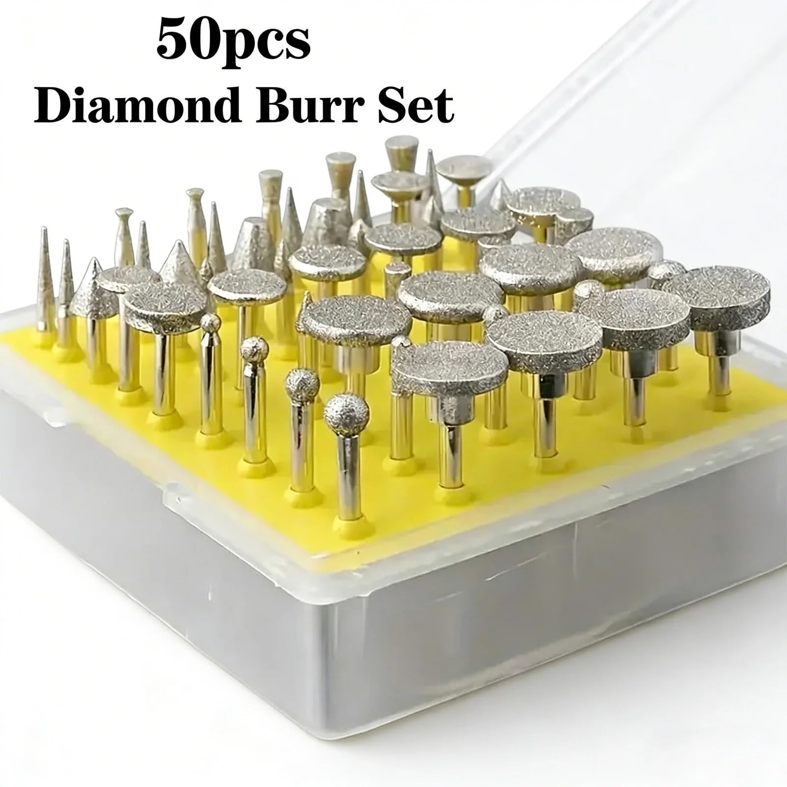 50pcs 1/8" (3mm) Diamond Burr Set, Coated Rotary Tool Bits for Engraving, Grinding, Polishing Stone, Jewelry, Glass & Ceramics