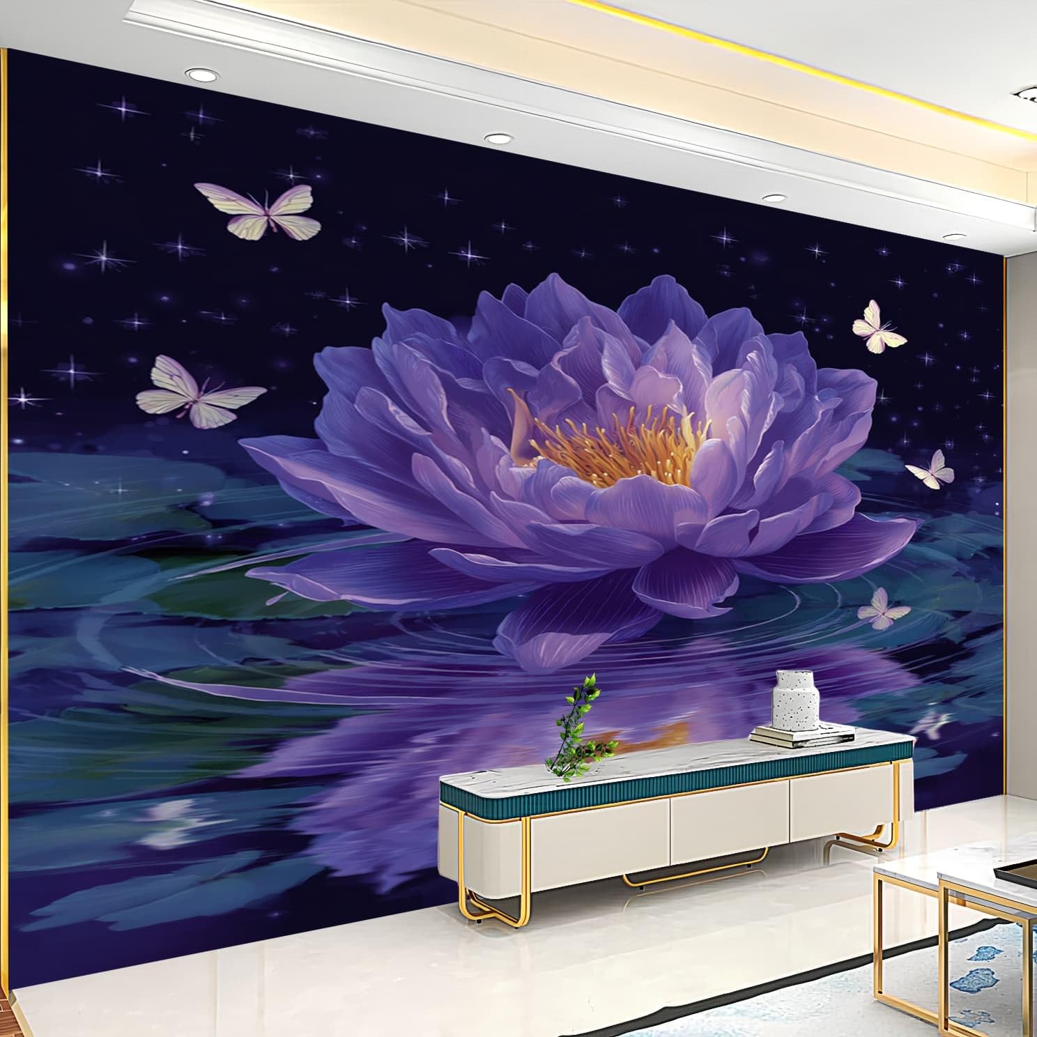 Tapeta HD malowidła ścienne 250 x 175 cm malowany wzór motyla lotosu 3D nietkana fototapeta do sypialni salonu dekoracja ścian, fioletowa, odporna na porosty, łatwa w instalacji, artystyczna naklejka