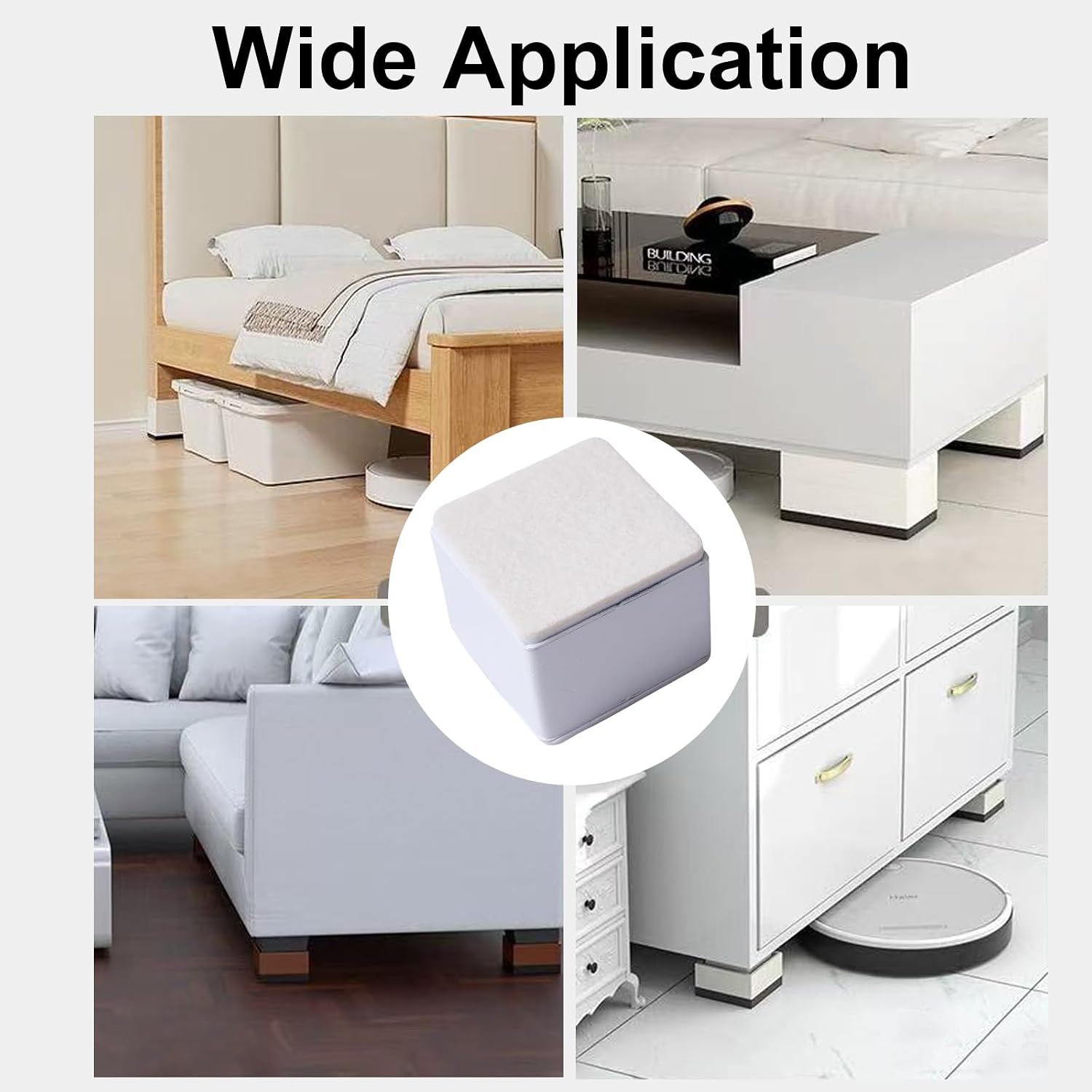 4-Pack White Square Furniture Risers (2.36x2.36x1.96 Inch) - Self-Adhesive Height Extenders for Tables, Beds & Cabinets with Felt Pads