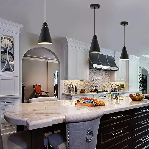 Miniatura 2 de Dijiahua Paquete de 3 lámparas colgantes negras para isla de cocina, pequeños candelabros industriales modernos con pantalla de metal cono, mini