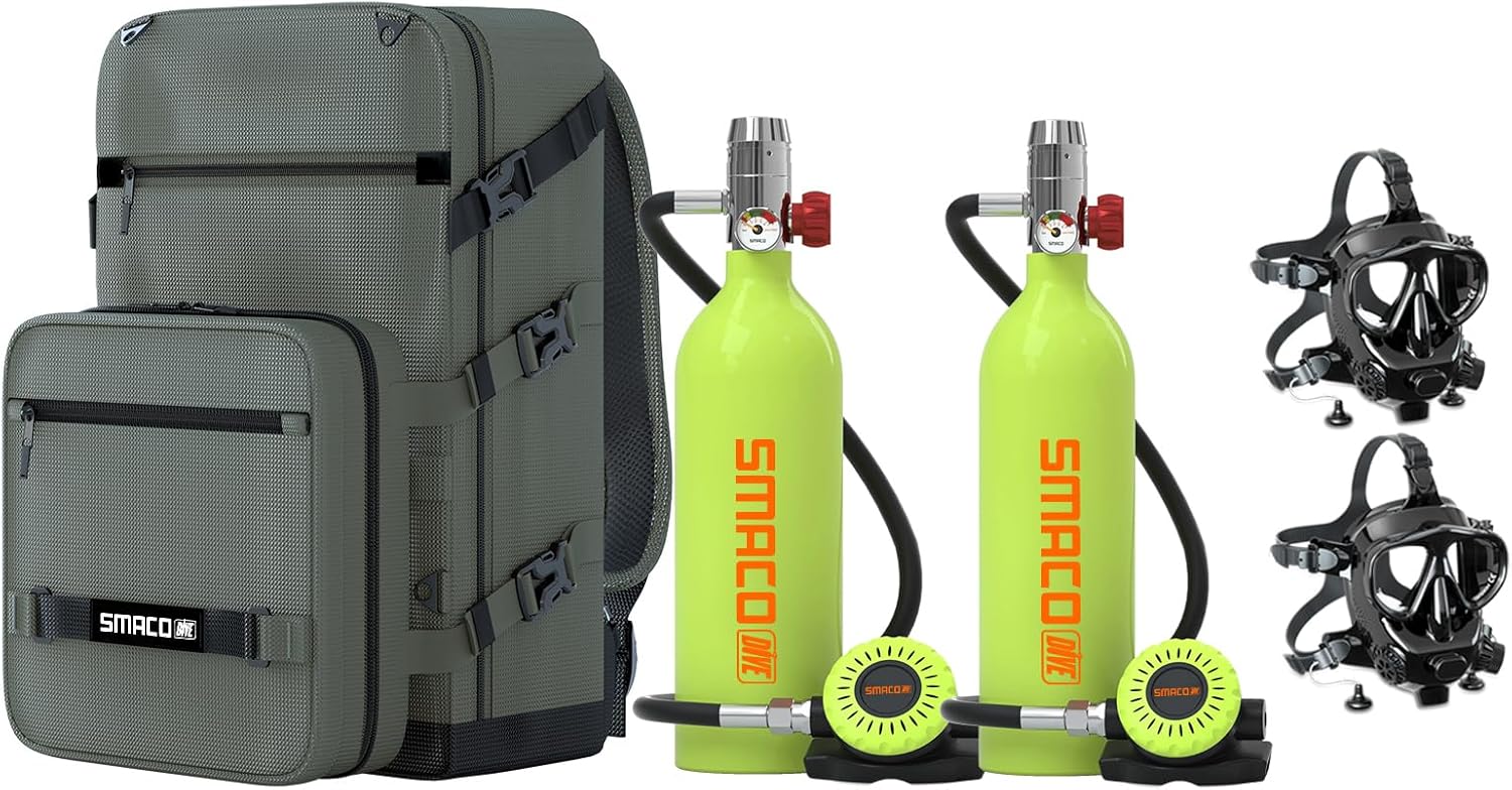 SMACO Mini Scuba Tank 1L Double for Shallow Water Diving Tank Double Diving Kit Support Underwater Breath Small Scuba Diving Tank Kit with Sub-Backpack for Underwater Entertainment/Diving Work