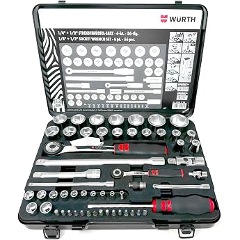 W&uuml;rth Zebra Socket Spanner 1/4 + 1/2 Inch Hex Socket Nut 22 Pieces in Metal Case