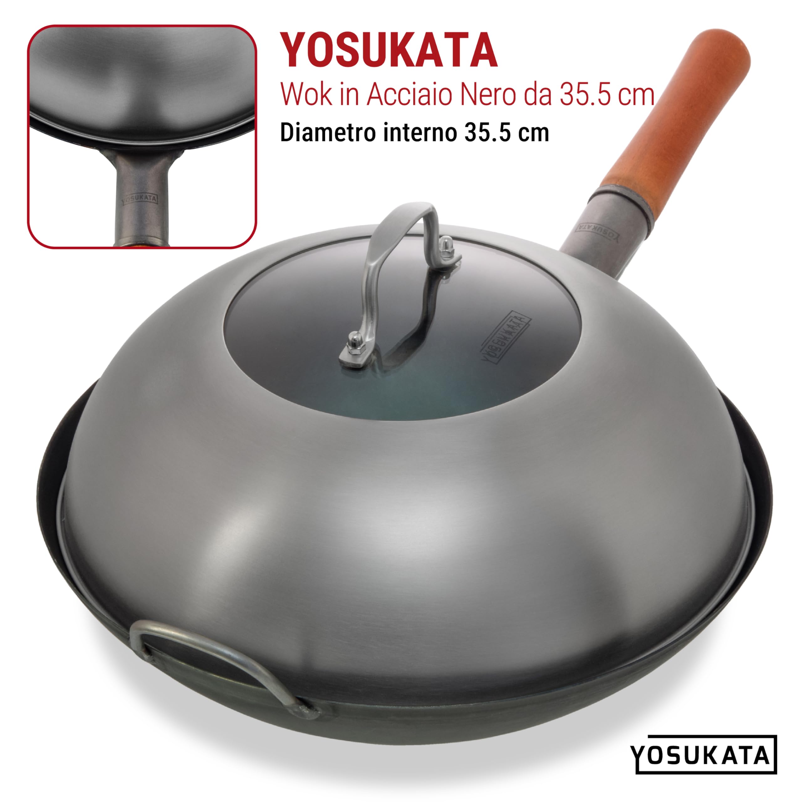 YOSUKATA Coperchio Wok 34,5 cm - Coperchio Universale Acciaio Inox con Vetro Temperato e Fori per Vapore per Wok 36 cm - Lavastoviglie - Dome per Fusione Formaggio e Griglia - Cloche per Hamburger