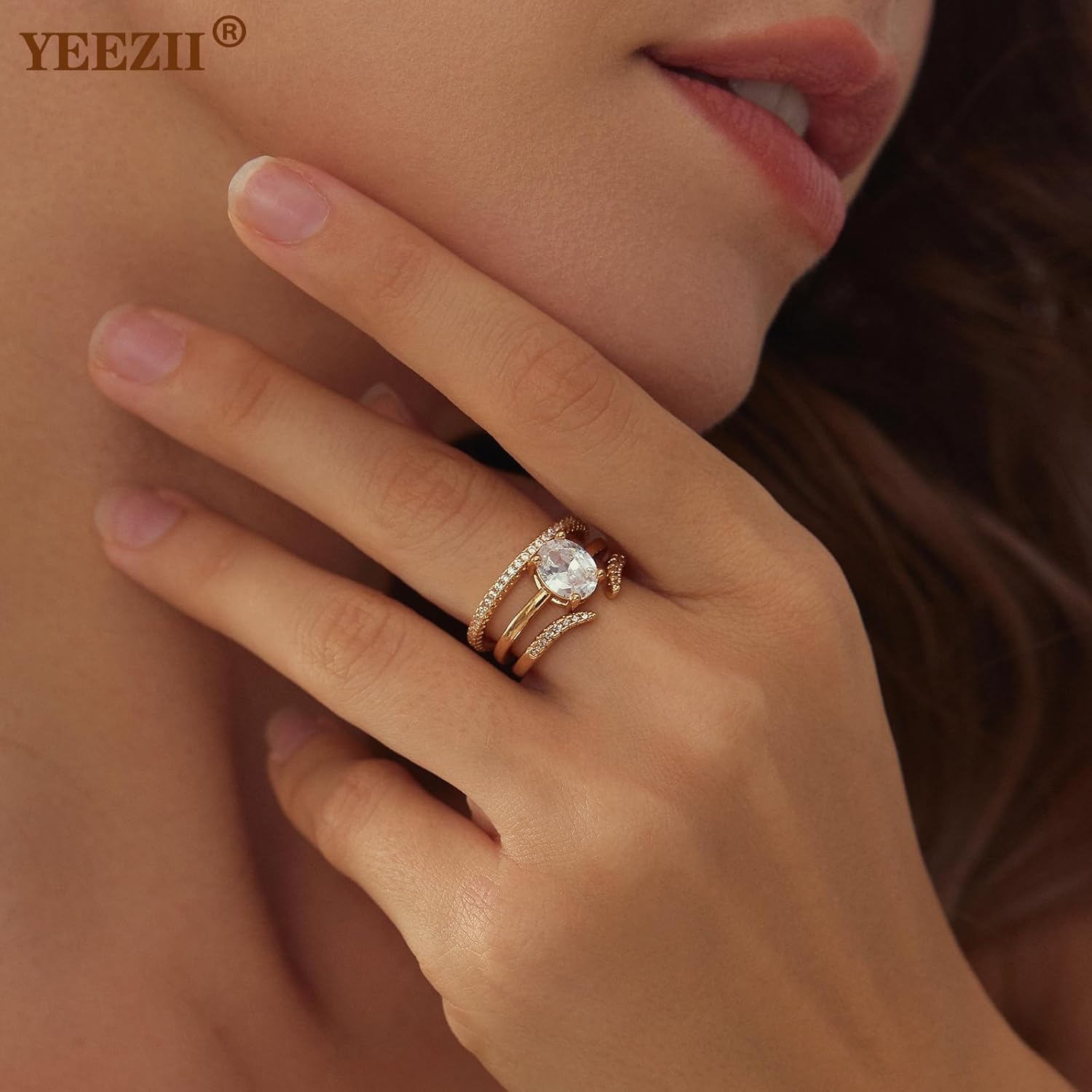 YEEZII Gold Rings for Women Non Tarnish, 3 Pairs 14K Gold Plated Stackable Cubic Zirconia Knuckle Ring Set, Dainty Statement Promise Wedding Engagement Rings Size 6 - Image 5