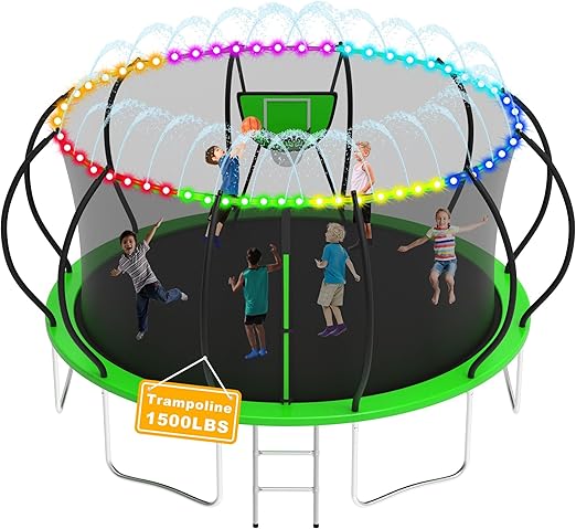 1500LBS Tranpoline Outdoor 8 10 12 14 16FT Tranpoline for Kids and Adults,【Easy to Install & Built to Last】 Recreational Tranpolines with Net, Light+Sprinkler, Basketball Hoop, ASTM Approved
