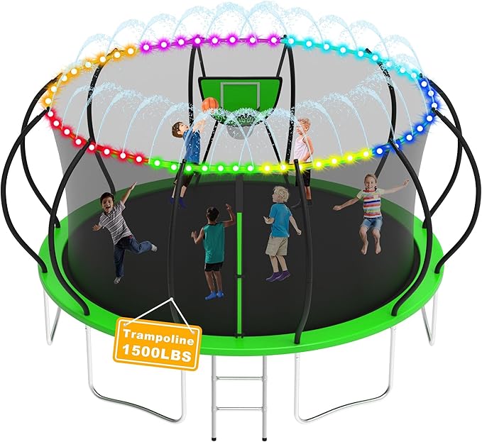 1500LBS Tranpoline Outdoor 8 10 12 14 16FT Tranpoline for Kids and Adults,【Easy to Install & Built to Last】 Recreational Tranpolines with Net, Light+Sprinkler, Basketball Hoop, ASTM Approved