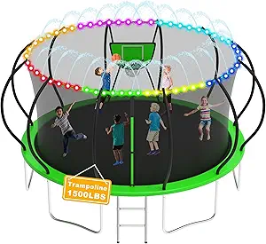 1500LBS Tranpoline Outdoor 8 10 12 14 16FT Tranpoline for Kids and Adults,【Easy to Install & Built to Last】 Recreational Tranpolines with Net, Light+Sprinkler, Basketball Hoop, ASTM Approved