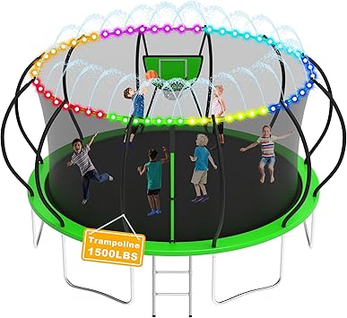 1500LBS Tranpoline Outdoor 8 10 12 14 16FT Tranpoline for Kids and Adults,【Easy to Install & Built to Last】 Recreational Tranpolines with Net, Light+Sprinkler, Basketball Hoop, ASTM Approved