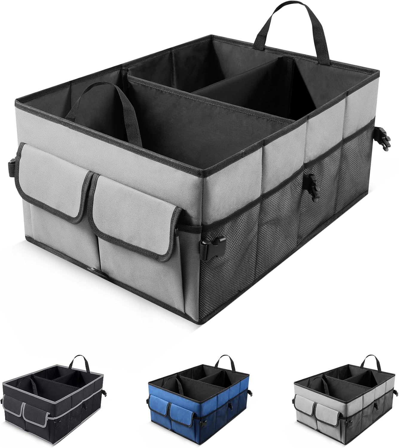 UYYE Auto Collapsible Trunk Organizer, 3 Large Compartments and 6 Pockets Durable for Cargo Storage, Easy to Storage Tools With Adjustable Securing Straps and Non-Slip Bottom for Car (Grey)