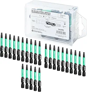 Security Bit Set,Tamper Proof Torx Bit Set,Impact Driver Bit Set,1/4” Hex-Shank S2 Steel Screw Star Bits Set,CNC Machined Tips, 2” Long 25pack (T15) Magnetic Torque Bit Set,With Storage Box