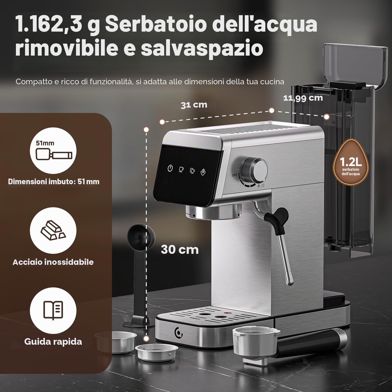 AMZCHEF Macchina per caffè espresso 20 bar con indicatore LED Home 2 in 1 con serbatoio rimovibile da 1,2 l, per regali domestici, compatta in acciaio inox, 1350 W