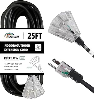 HONDERSON 25FT Lighted Outdoor Extension Cord with 3 Power Outlets,10/3 SJTW Heavy Duty Black Extension Cable with 3 Prong Grounded Plug for Safety,UL Listed