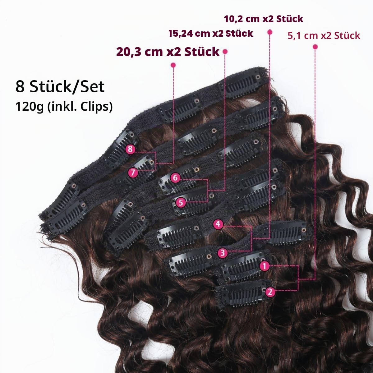 Deep Curly Clip in Extensions Echthaar，60cm 24 Zoll 8PCS 120g #2 Braun Haarverlängerung für Frauen Water Wave Remy Hair Extensions Clip in