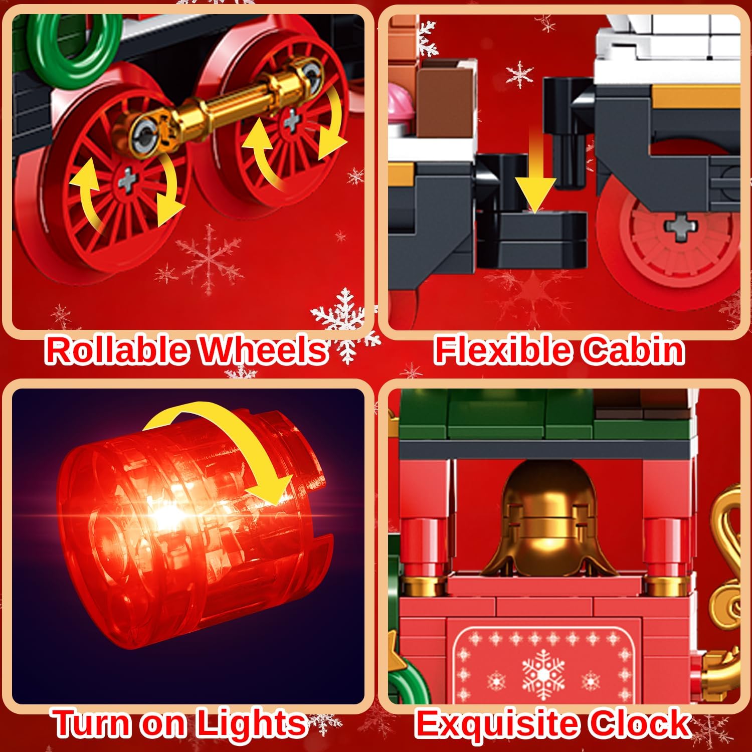 Christmas Train Building Toys Set with LED Light - Lego-Compatible 868pcs Model with Moving Coupling Rods & Working Wheels, Gingerbread House, Snowman Tree Carriages, Holiday Decor Xmas Ideas for Kids