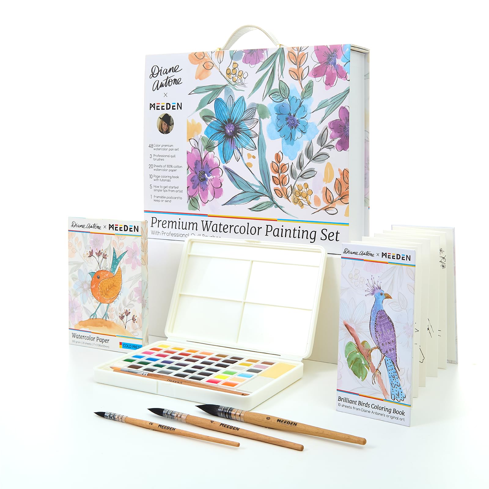MEEDEN x Diane Antone - Juego de Pintura de Acuarela de Edición Limitada, Kit de Acuarela Portátil de 48 Colores con 3 Pinceles de Acuarela, Páginas para Colorear de Línea, Papel de Acuarela