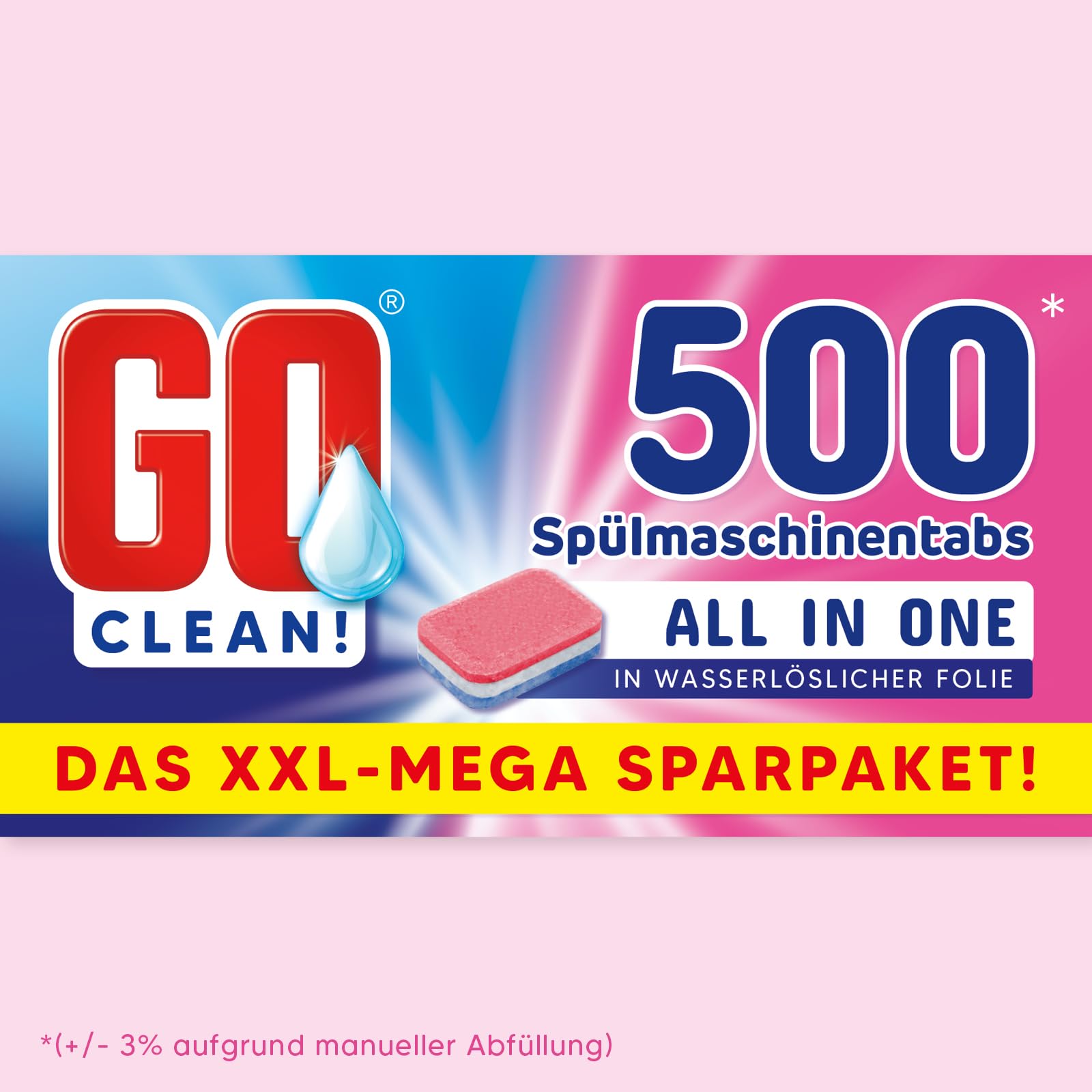 GO clean! Spülmaschinentabs All in One – 10 kg ca. 500 Stück 20g, XXL-Sparpaket in wasserlöslicher Folie mit starker Reinigungskraft gegen Schmutz und Fett