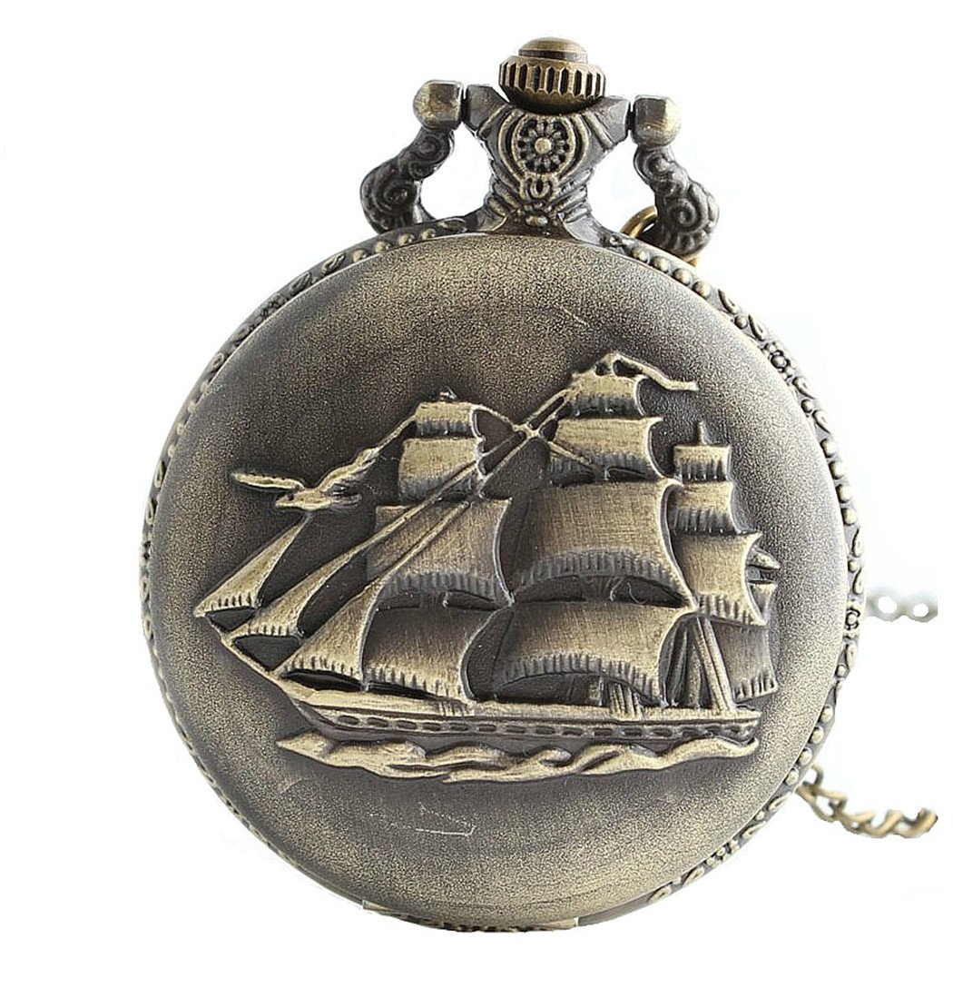 Rétro Voilier/Navires de Guerre/Bateau Pirate Large Montre de Poche Quartz Pendentif avec Longue Collier pour Homme/Femme