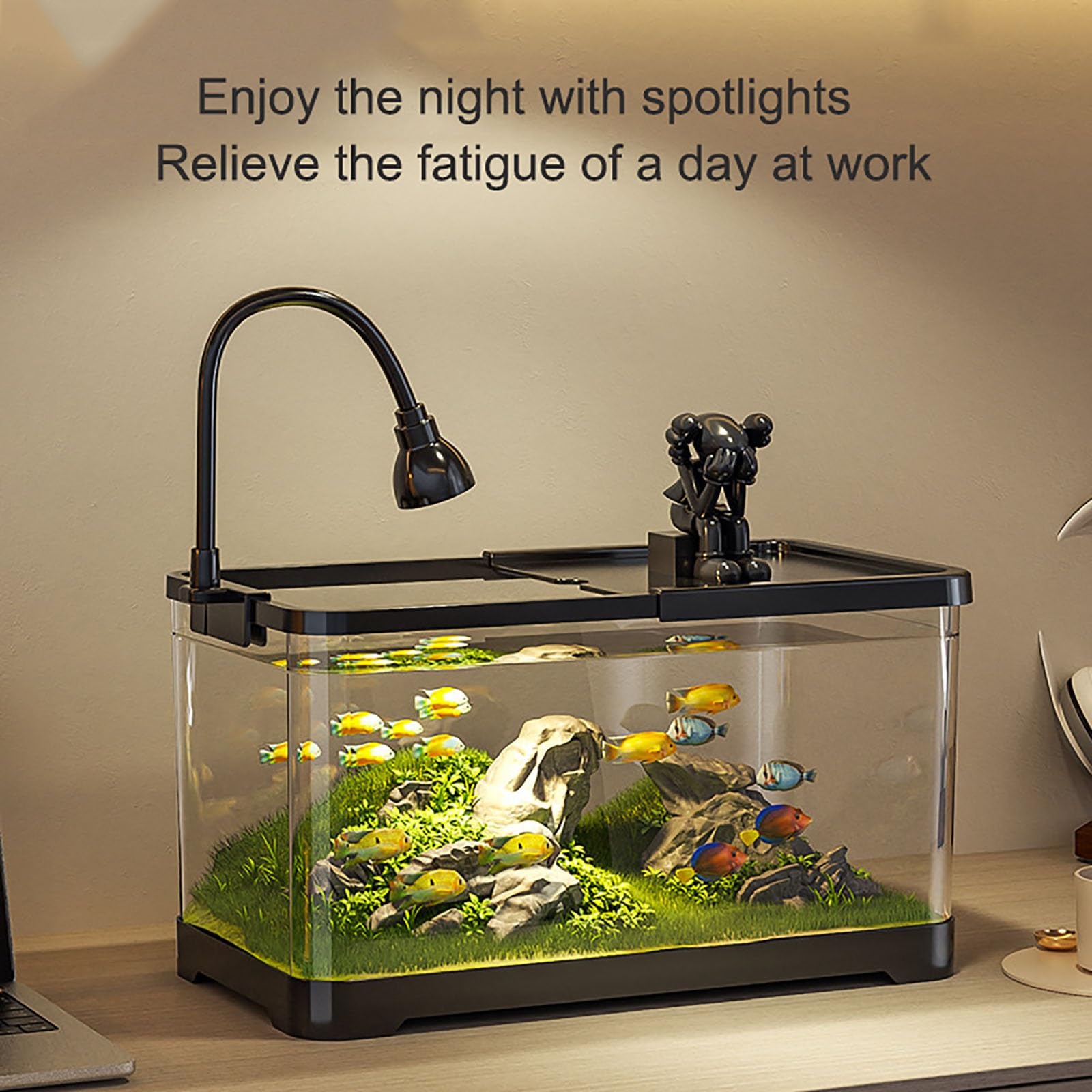 Set da scrivania per acquario, serbatoio di avviamento ultra trasparente, piccolo serbatoio per pesci, sistema autopulente, per principianti, kit per mantenere gamberetti Betta (nero, piccolo)