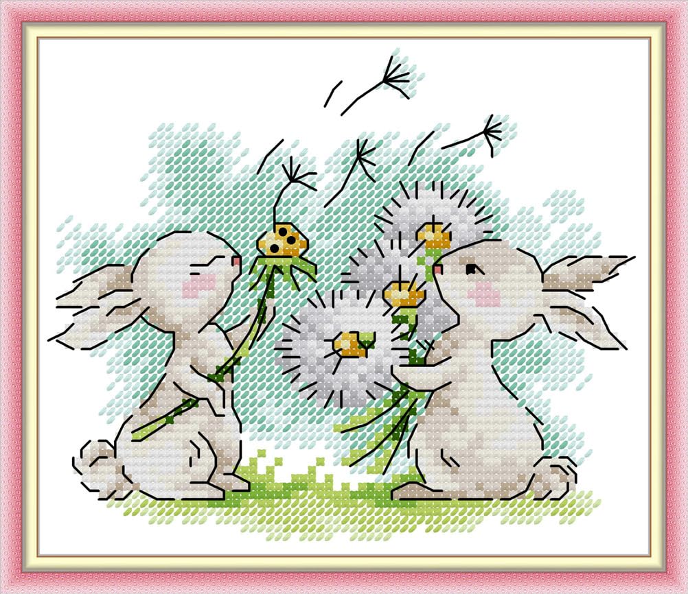 Meecaa Cross Stitch Kits 14 Count Stamped, Rabbit Dandelion Animal Embroidery Kit with Accessories Pre Printed（18×16CM (Bunny)