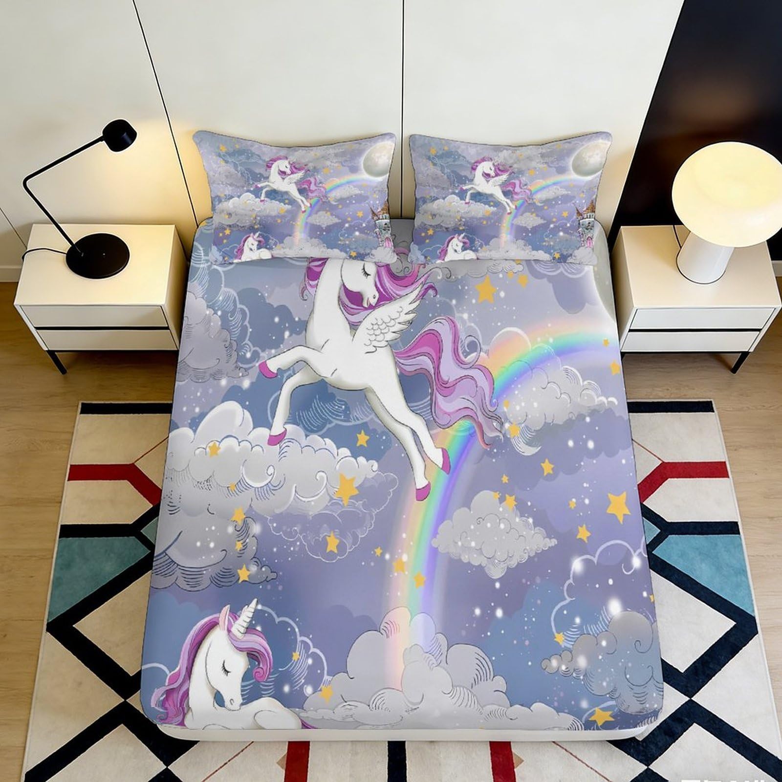 3D Printed Unicorn Rainbow Fitted Sheet Microfiber Soft Breathable Cloud Bed Cover for Bedroom Dormitory Guest Room Mattress Protection Decor 140x200x25cm