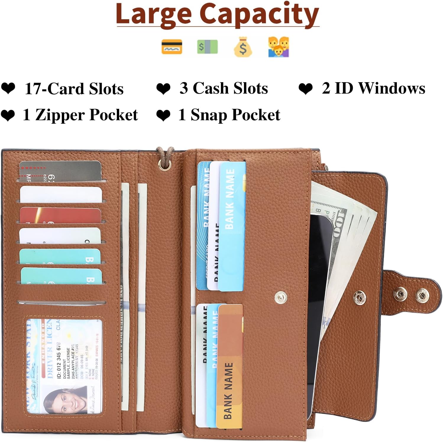 SENDFN Large Womens Wallet Leather RFID Blocking Multi Card Organizer Wristlet - Image 3